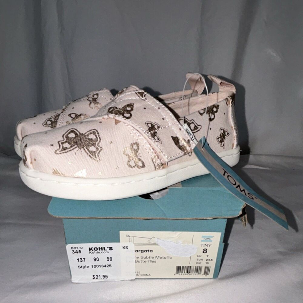 TOMS Girls Pink/Gold Metallic Butterfly Canvas Slip-On Flats Round Toe US 8